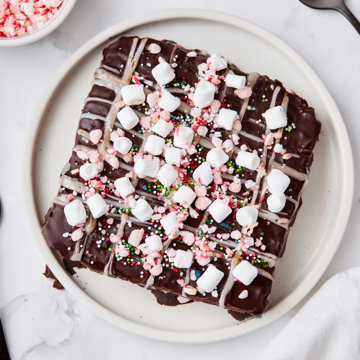 Colorful Hot Chocolate Bomb Bark, a festive dessert recipe, with peppermint and sprinkles for gifting.