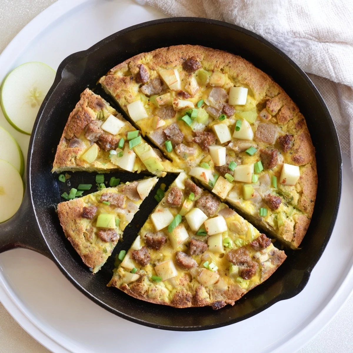 Rustic, golden-baked Savory Apple, Sausage, and Cheddar Scone Skillet, full of savory goodness and juicy apples.