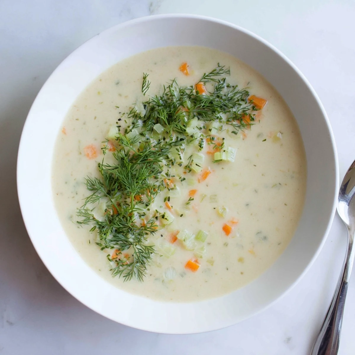 Garnish a bowl of Creamy Dill Pickle Soup with fresh dill for extra tangy, creamy goodness.