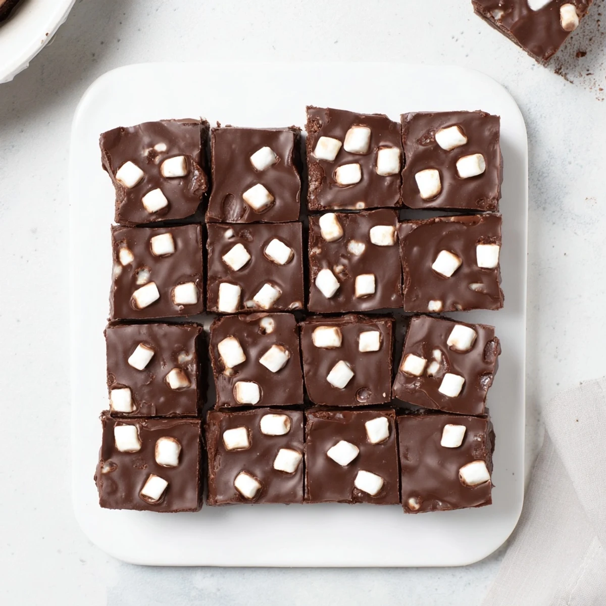 Close-up of freshly cut Easy Marshmallow Fudge featuring visible marshmallow pieces and shiny chocolate.
