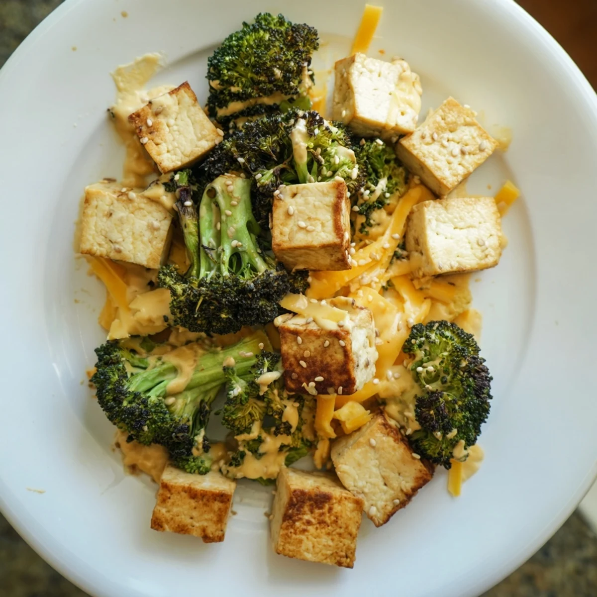 Golden baked Cheesy Tofu and Broccoli, smothered in rich sesame ginger glaze for dinner.