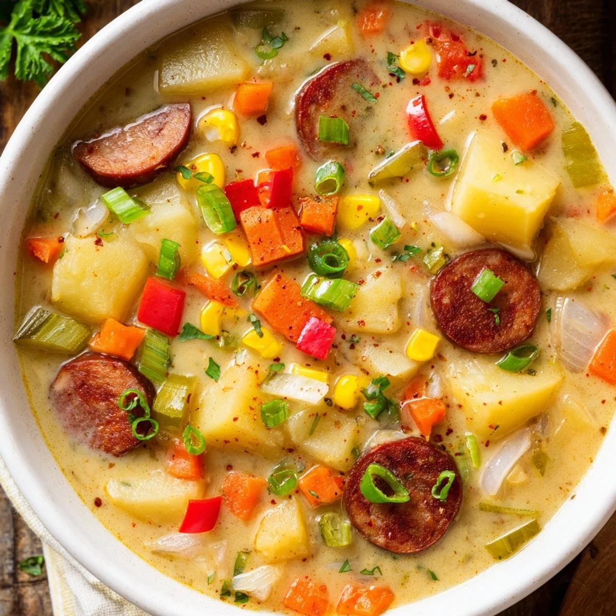 This comforting Slow Cooker Cajun Potato Soup showcases a thick, delicious broth and tender vegetables.
