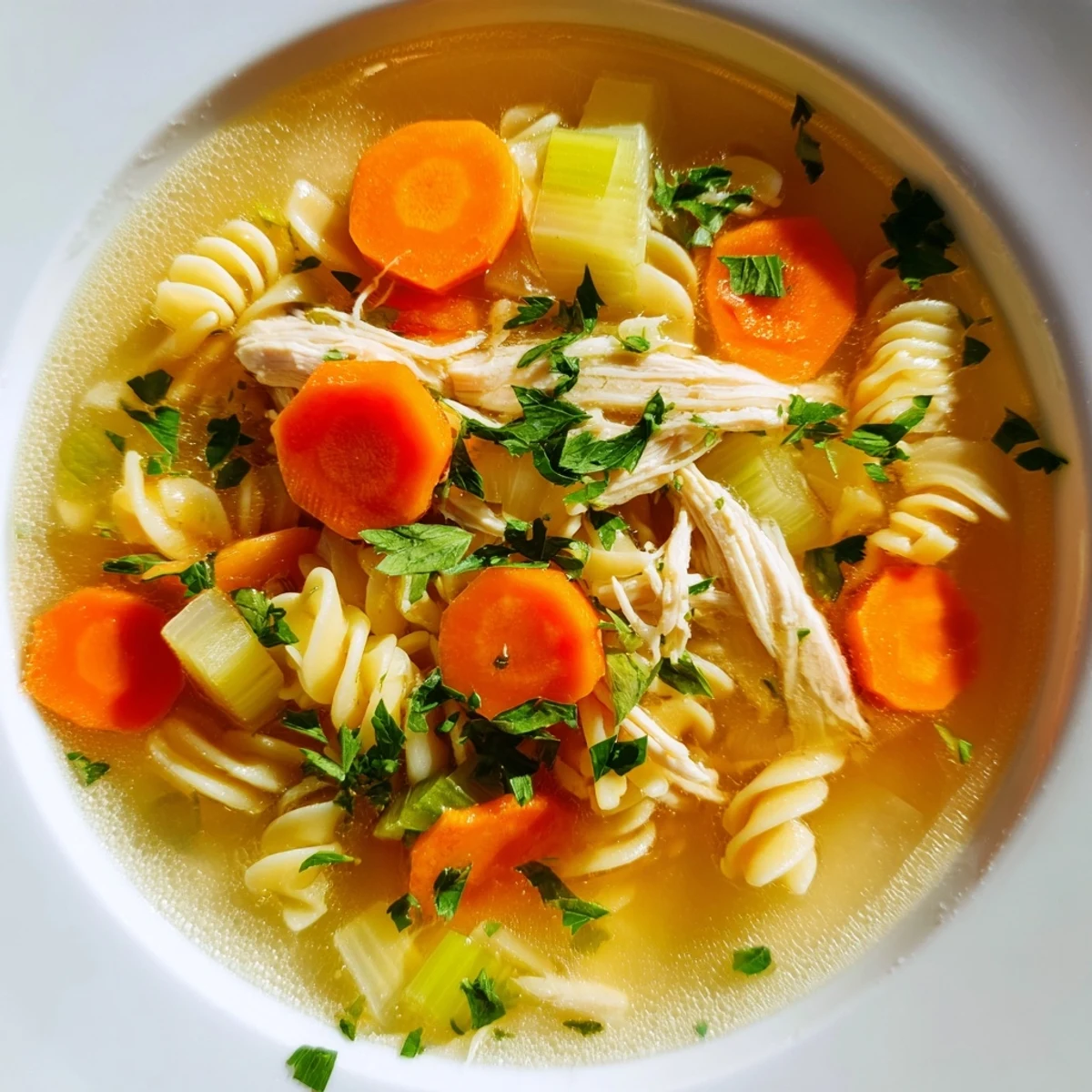 Close-up of a flavorful, comforting Crockpot Chicken Noodle Soup, perfect for a cozy dinner.