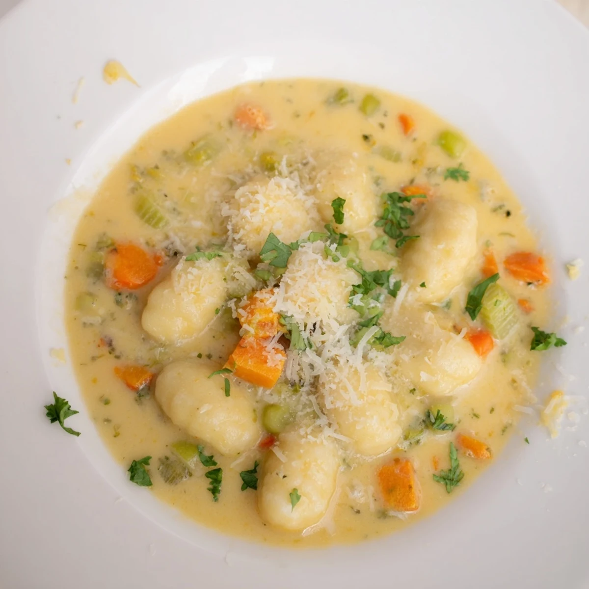 A close-up of hearty Savory Butternut Squash Gnocchi Soup, showcasing tender squash and floating gnocchi.