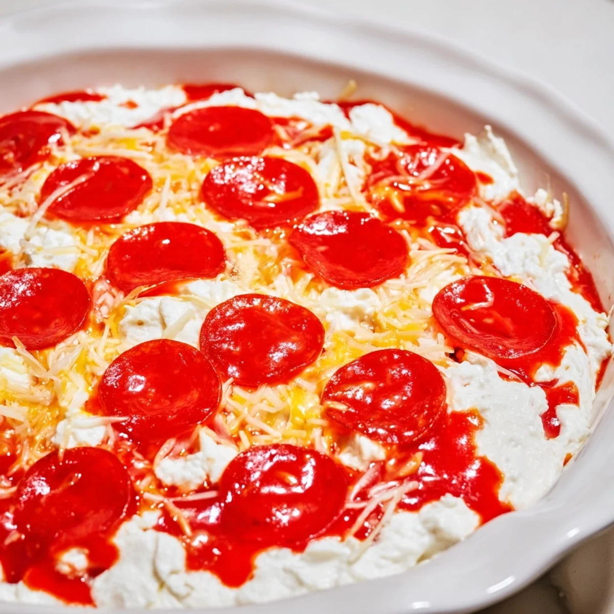Gooey, bubbly Pizza Dip topped with crispy pepperoni, ready to scoop with warm breadsticks.