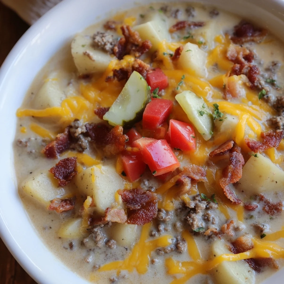 Flavorful Crockpot Cheeseburger Soup with ground beef, potatoes, and cheddar, perfect for a cozy dinner.