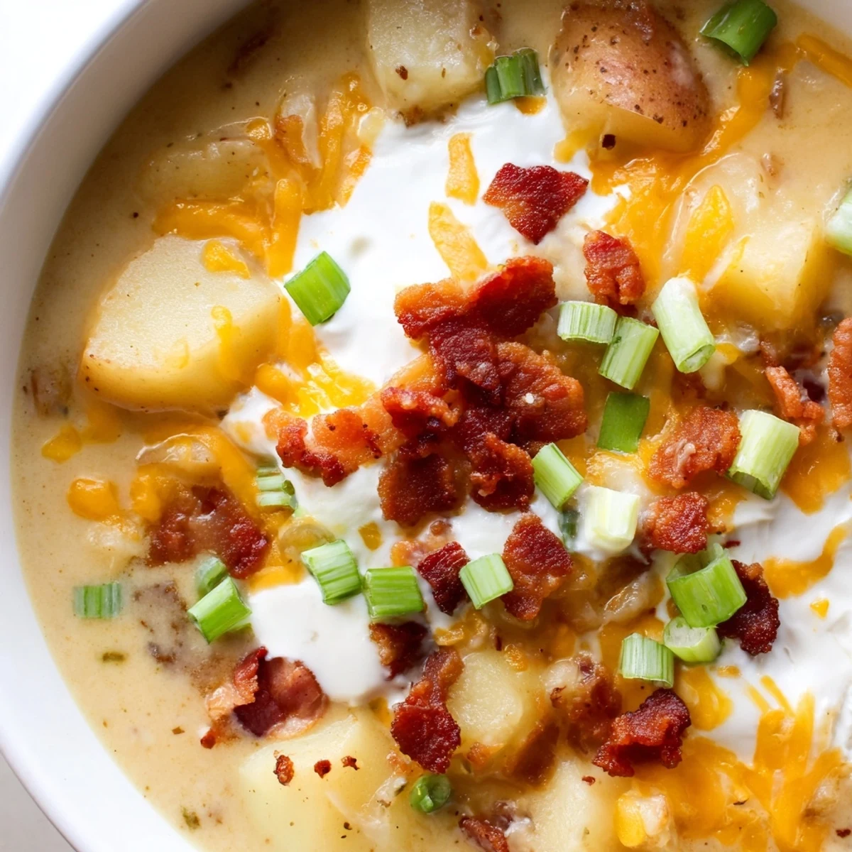 Thick and creamy Crockpot Loaded Baked Potato Soup, ready for serving with green onion garnish.