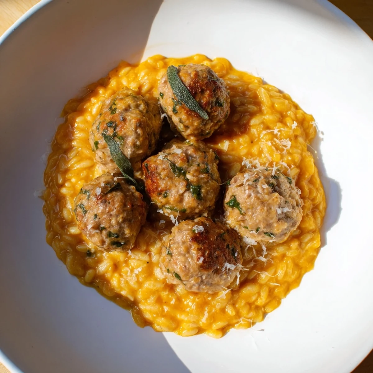 A comforting bowl of hearty sage turkey meatballs with pumpkin orzo, garnished with fresh herbs and Parmesan.