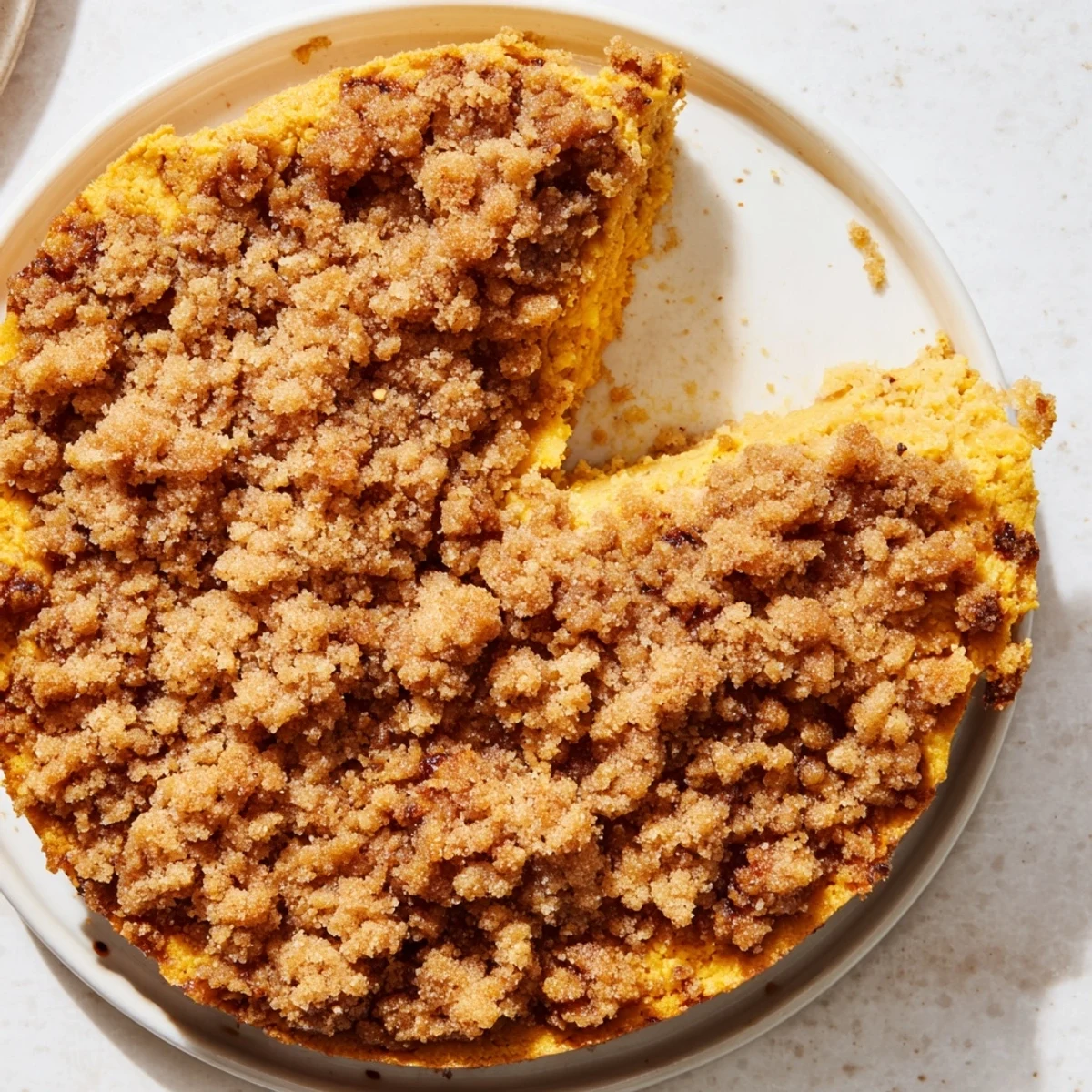 Golden-brown pumpkin crisp, a comforting fall dessert, ready to serve with whipped cream.