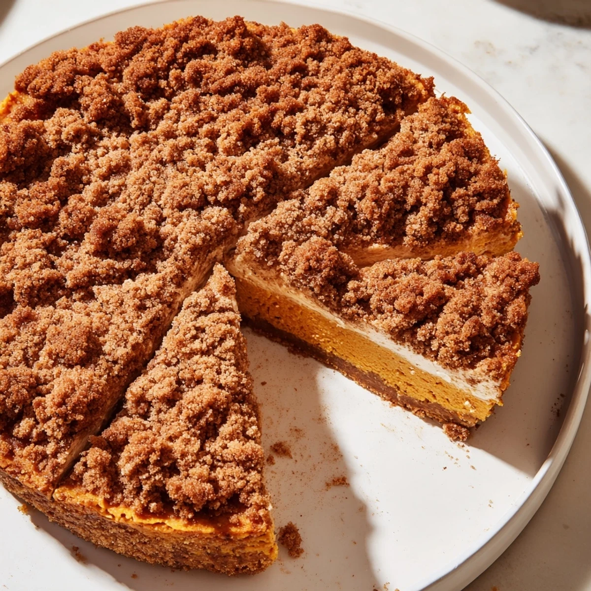 Warm, spiced pumpkin crisp in a baking dish, perfect for sharing at a Thanksgiving gathering.