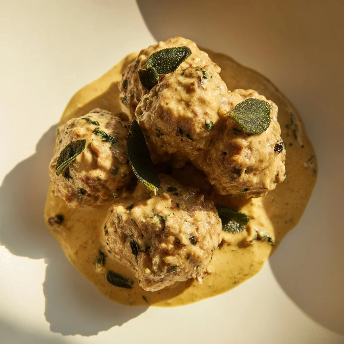 Creamy pumpkin sage sauce generously coats flavorful turkey meatballs, creating a warming, comforting dinner.