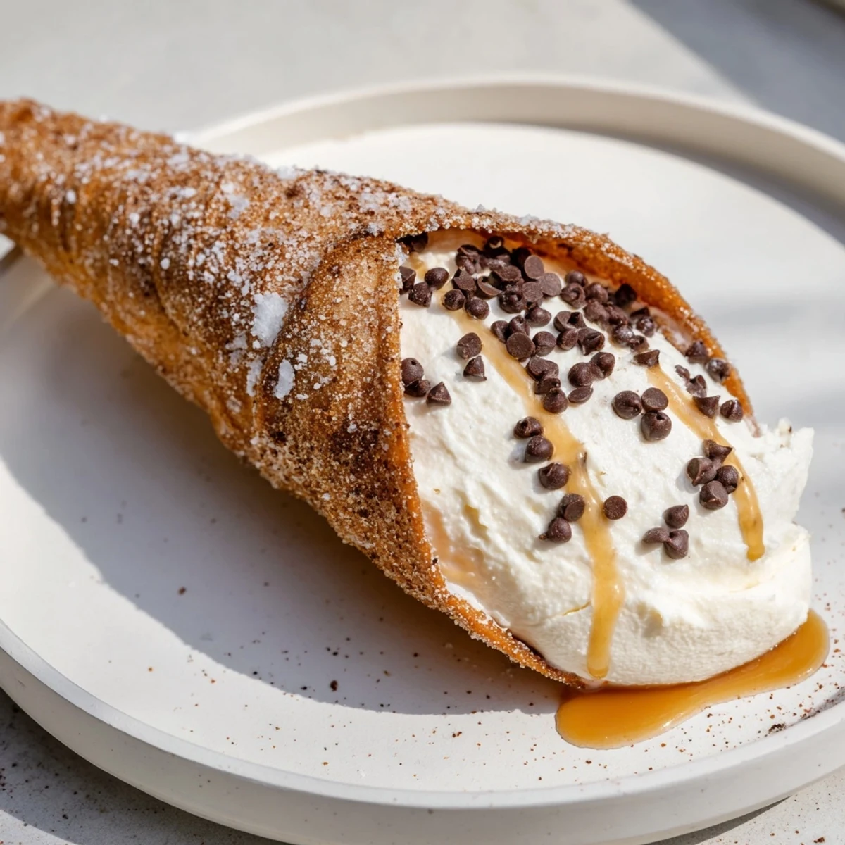 Quick Churro Cheesecake Cones: crispy churro exterior meets creamy cheesecake filling, finished with chocolate chips for a treat.