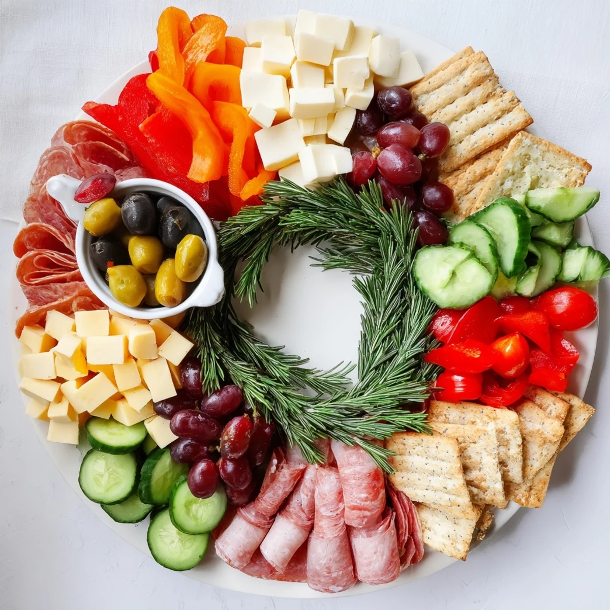 Festive Simplified Grazing Board Wreath presents a colorful spread of cheeses, meats, crackers, and fresh produce.