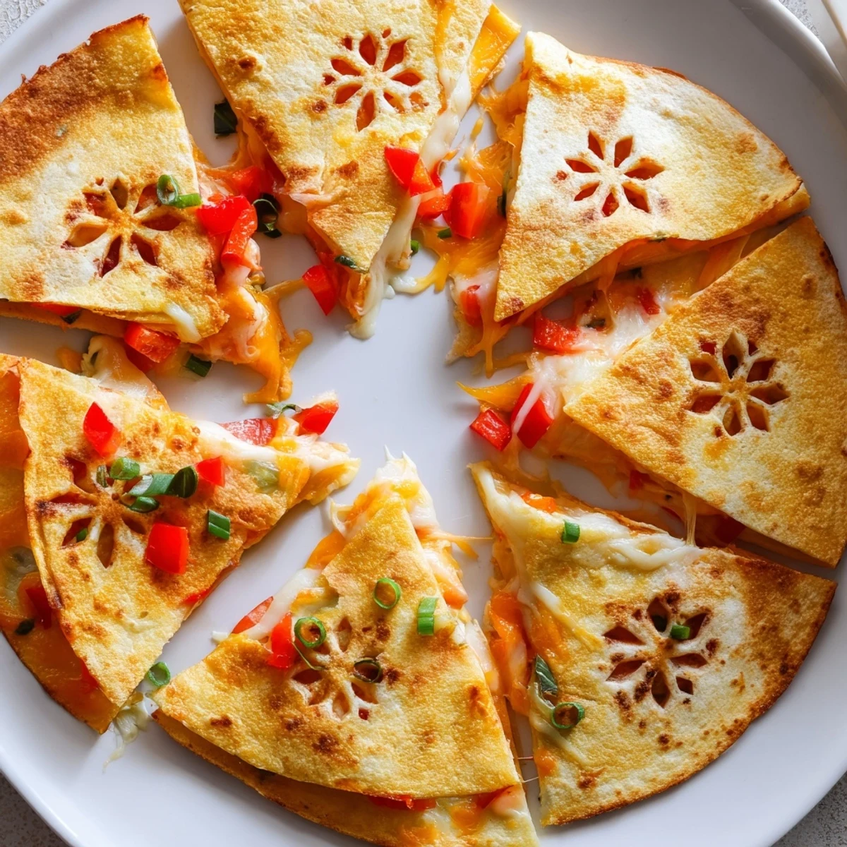 Warm and cheesy Express Snowflake Quesadillas, featuring melted mozzarella with festive snowflake cut-outs.