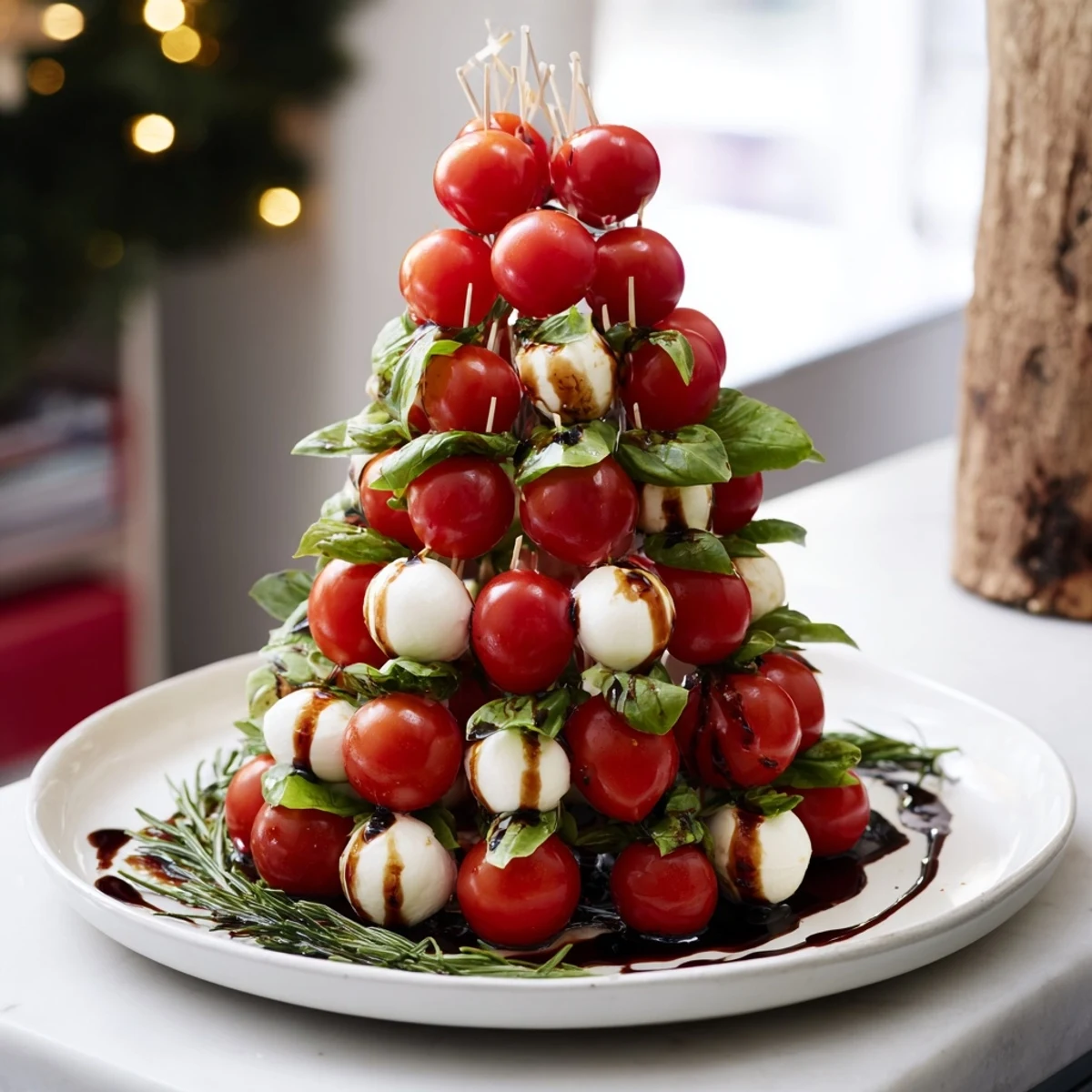 A lovely image of Easy Christmas Tree Caprese Skewers, a festive holiday appetizer ready to enjoy.