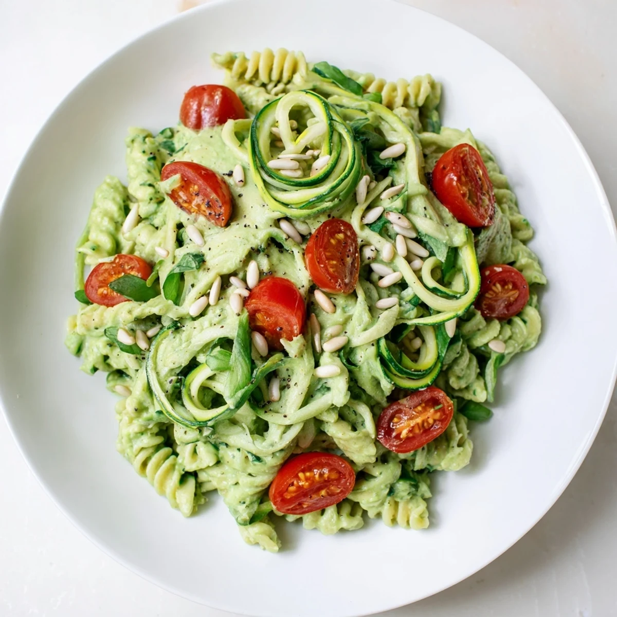 A bowl of vegan green goddess pasta, bursting with spinach and basil, ready to eat.