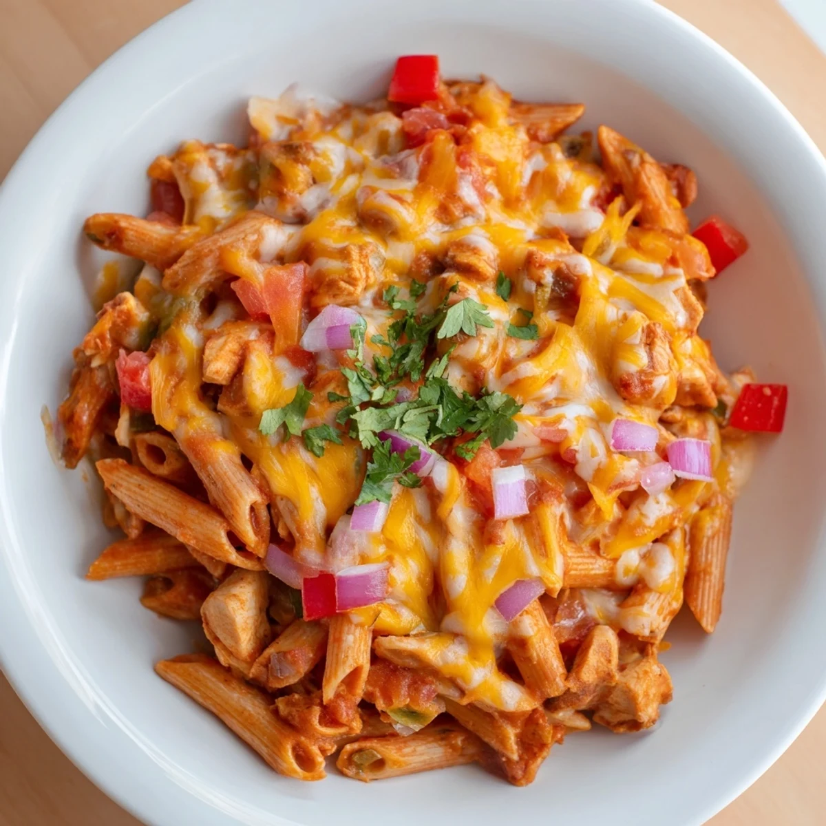 Golden, bubbly Baked Salsa Chicken Pasta, fresh from the oven, ready to serve with cilantro.