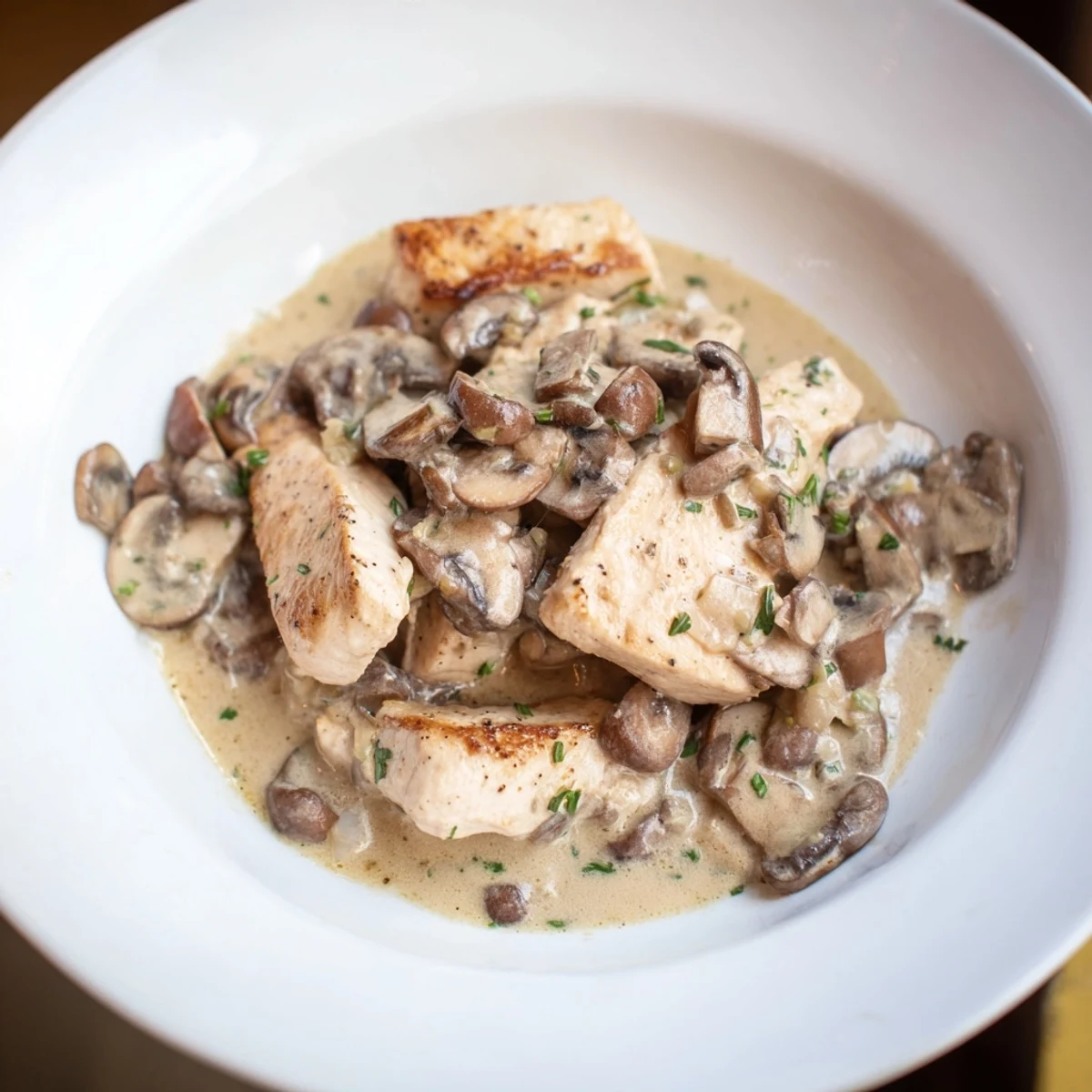 Golden-brown Tarragon Chicken & Mushroom Skillet with creamy sauce, ready to serve, garnished with fresh tarragon.