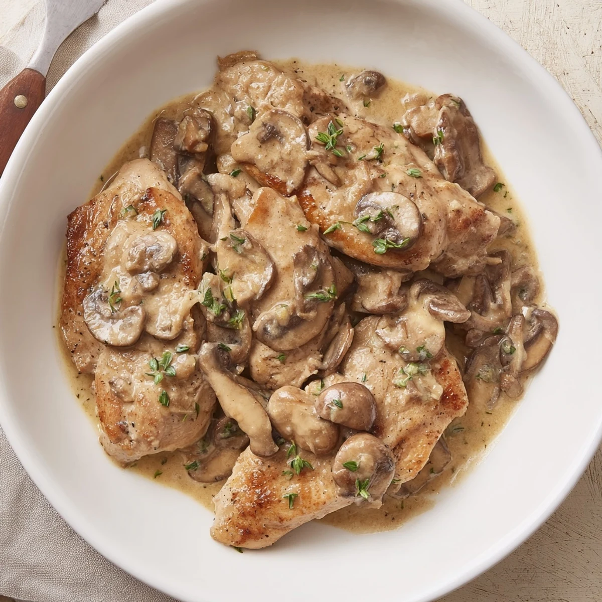 A delicious close-up showcases the tender chicken and earthy mushrooms in this flavorful Tarragon Chicken Skillet recipe.