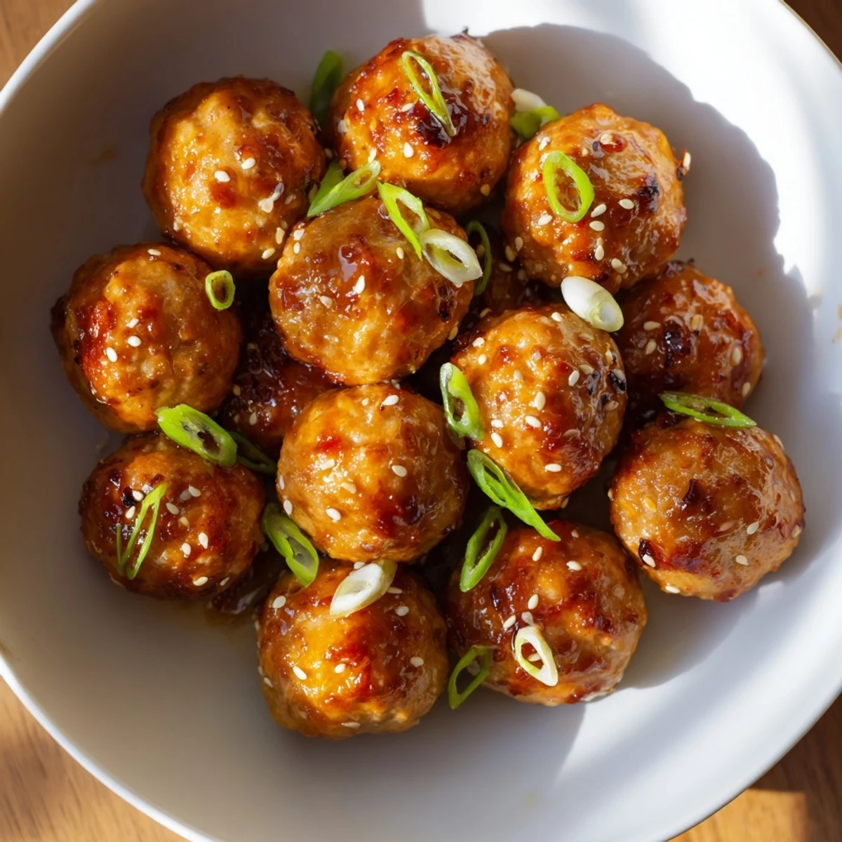 A close-up of steaming Spicy Honey-Glazed Chicken Meatballs glistening and ready to serve.