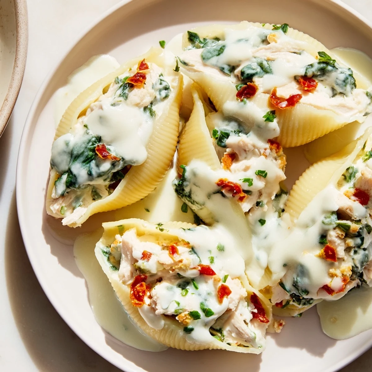 High-Protein Cottage Cheese Alfredo Christmas Shells, bubbly and cheesy, ready to be served for a holiday dinner.