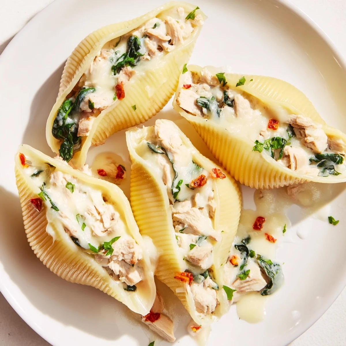 Warm High-Protein Cottage Cheese Alfredo Christmas Shells, boasting creamy sauce and tender turkey for a protein-packed meal.