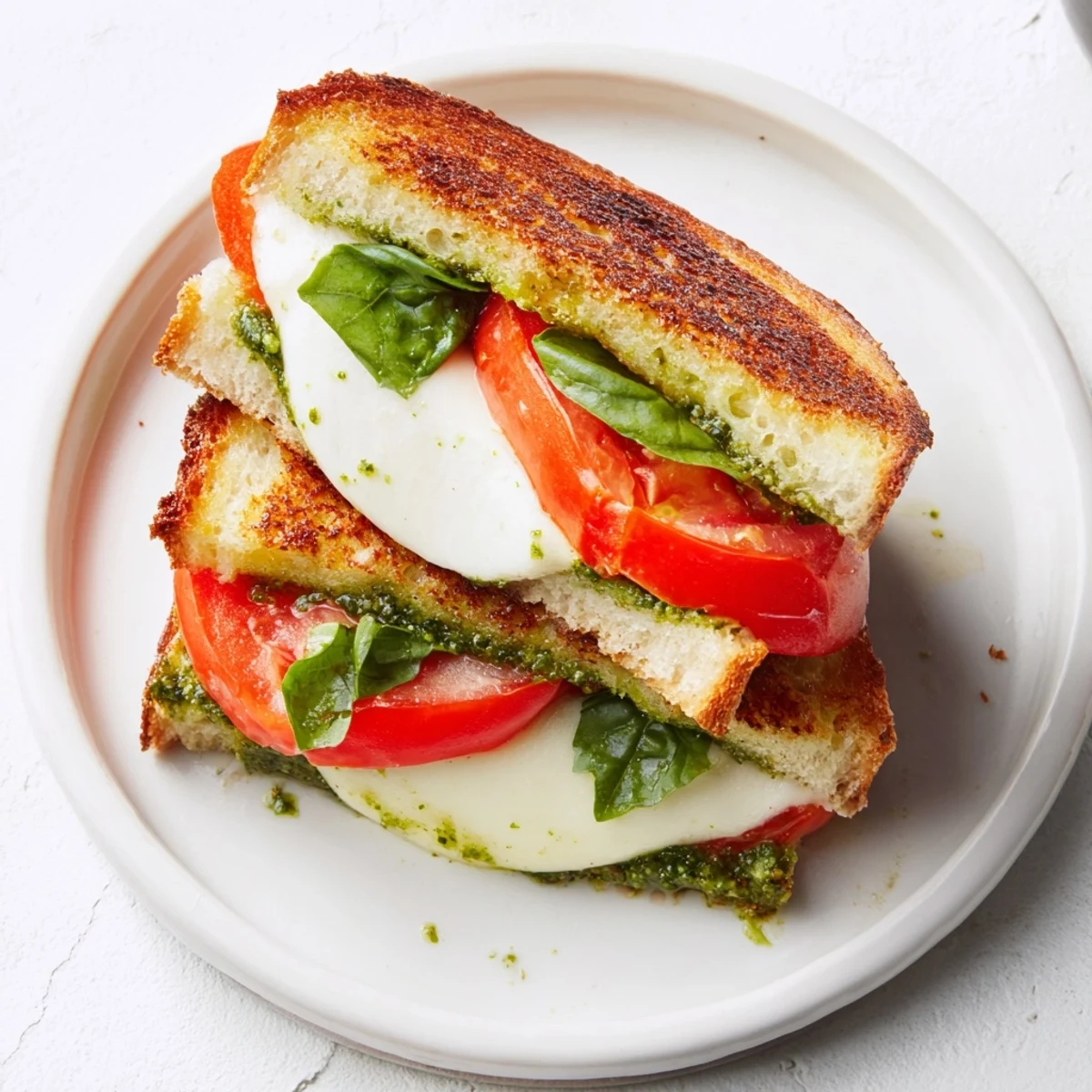 Fresh basil and ripe tomatoes in a warm and savory Caprese Pesto Panini-Style Grilled Cheese.