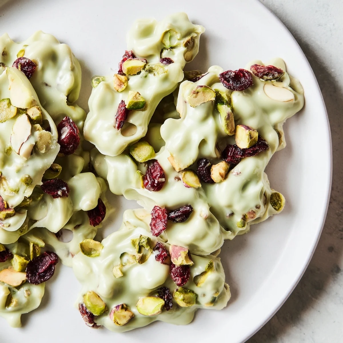 Matcha white chocolate cranberry bark clusters resting on parchment, a beautiful dessert display.