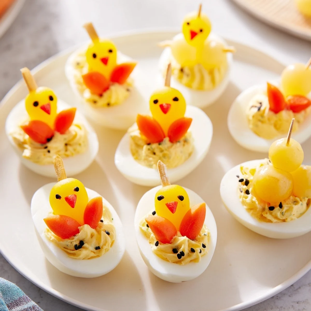 Vibrant Chick & Duckling Snacks: Cheerful, egg-based appetizers with carrot beaks and pepper eyes.