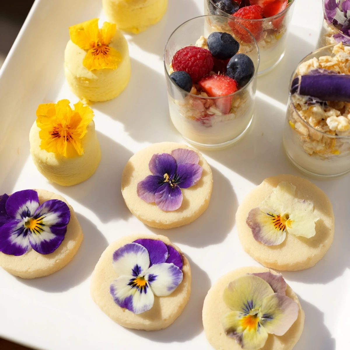 A beautifully arranged Spring Flower Dessert Tray, offering a delightful array of treats with fresh flowers.