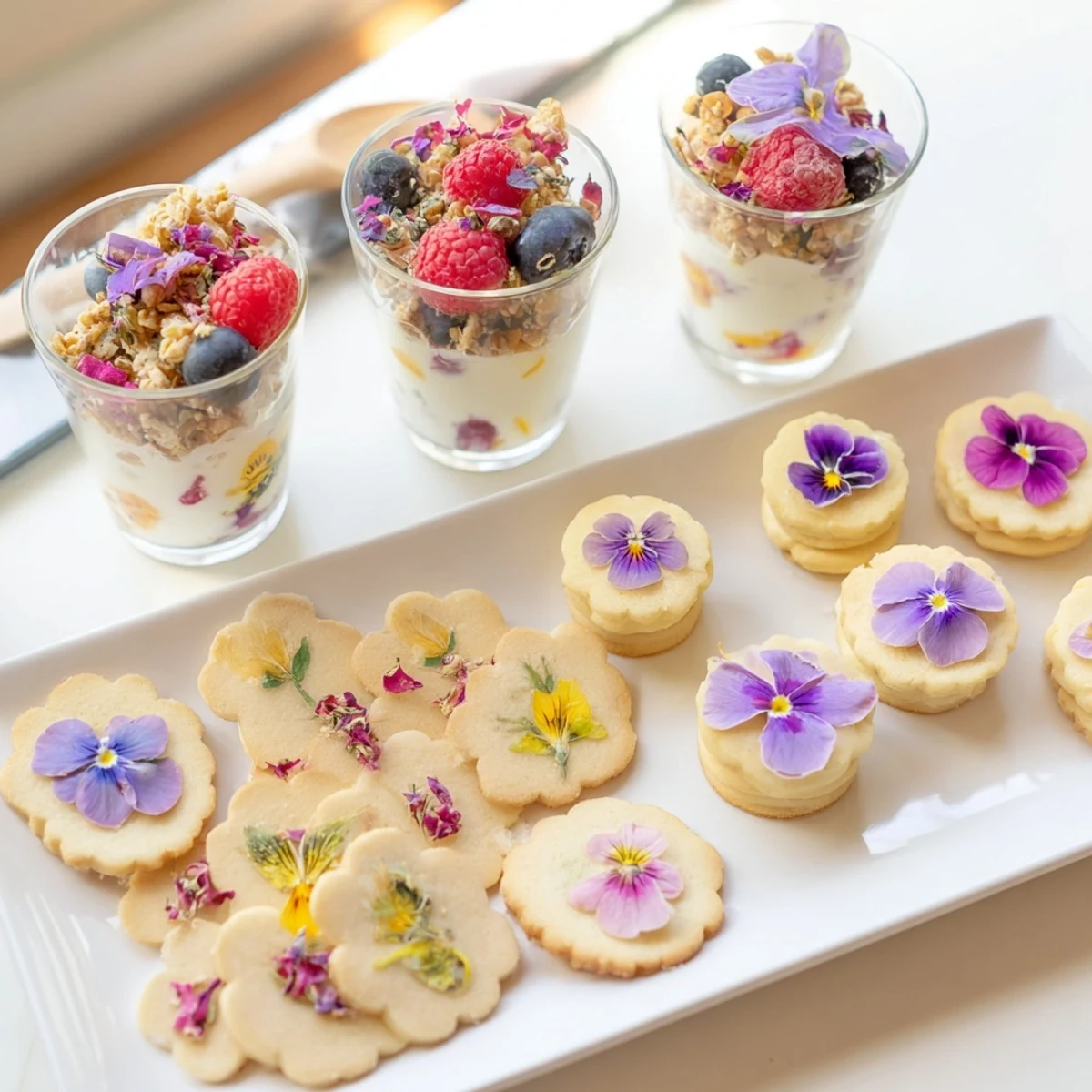 Vibrant and colorful Spring Flower Dessert Tray features shortbread cookies, mini cakes, and parfaits, decorated delicately.