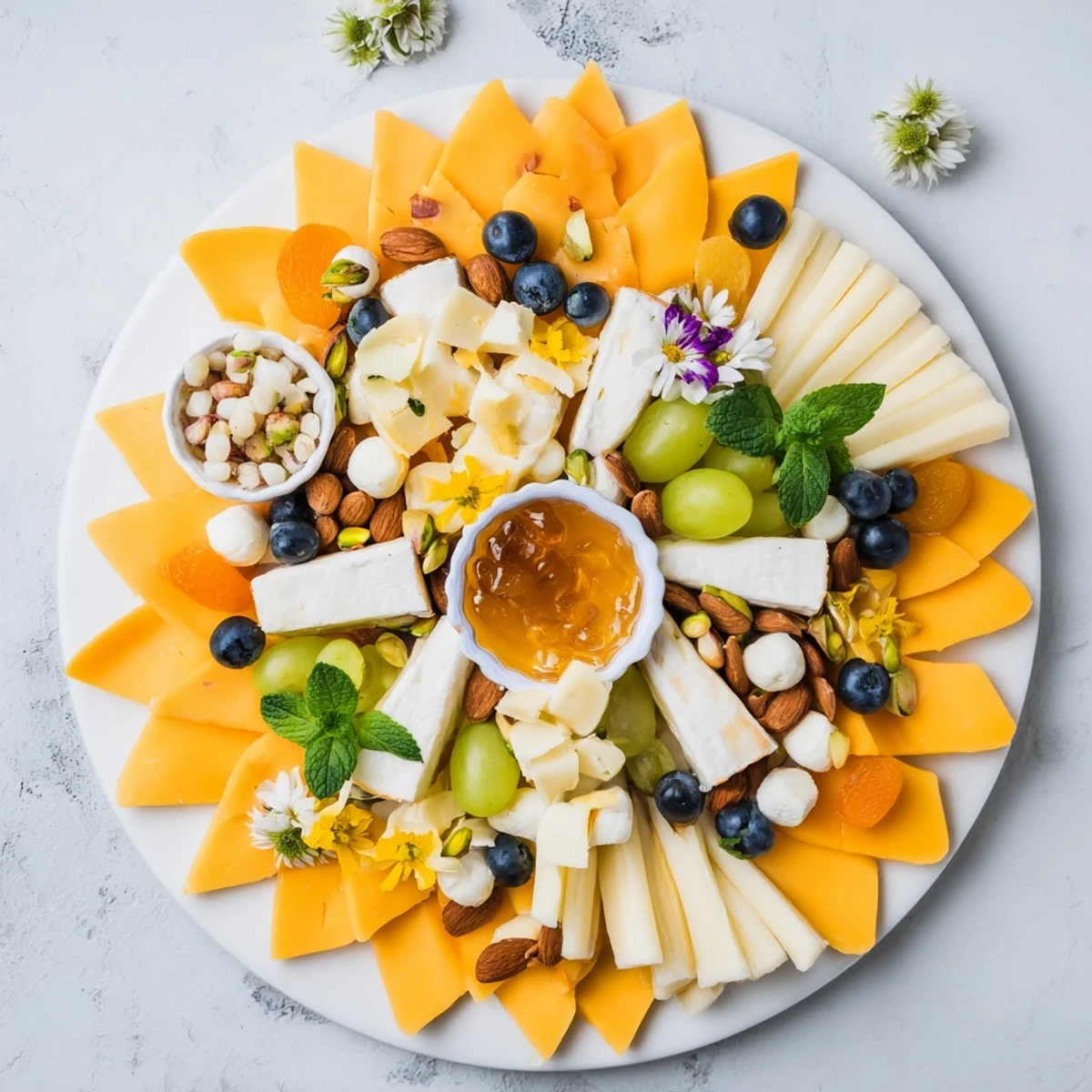 Vibrant Daffodil Cheese Board offers a beautiful spread of cheeses, fruits, and crackers for sharing.