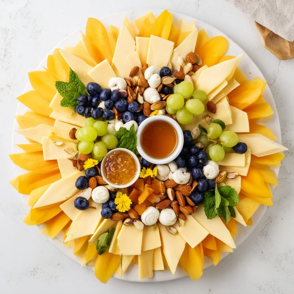 The enticing Daffodil Cheese Board presentation includes ripe fruits, nuts, and crackers perfect for spring.