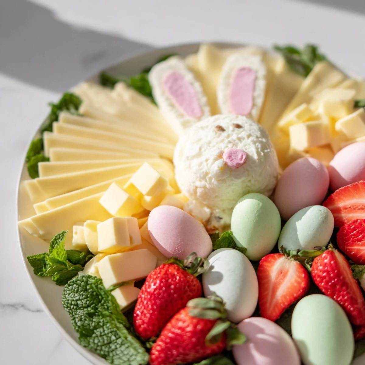 Colorful Bunny Ears Easter Board overflowing with fresh fruits, cheeses, and adorable Easter treats.