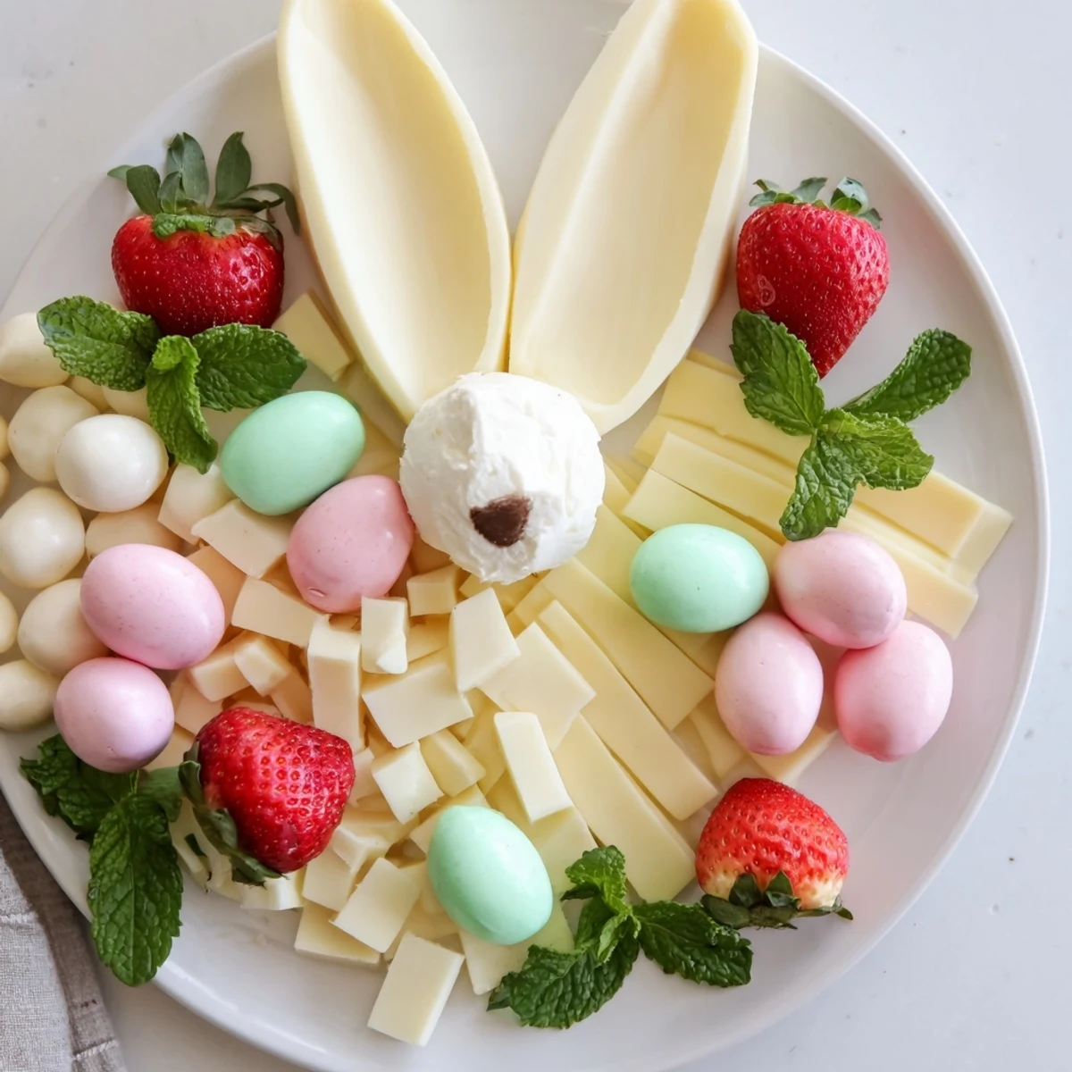 Visually appealing Bunny Ears Easter Board featuring a goat cheese bunny nose surrounded by tasty snacks.