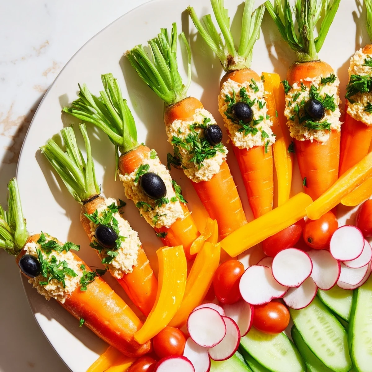 Vibrant Carrot Patch Veggie Board arrangement showcases fresh carrots upright in a creamy hummus "soil".
