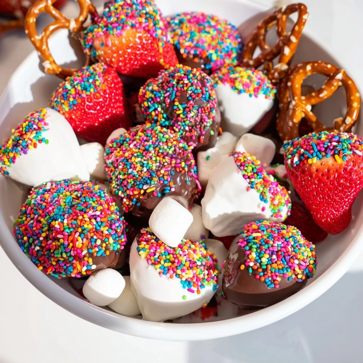 A close-up of a festive Rainbow Sprinkle Party Board with chocolate-covered strawberries and mini donuts ready to enjoy.