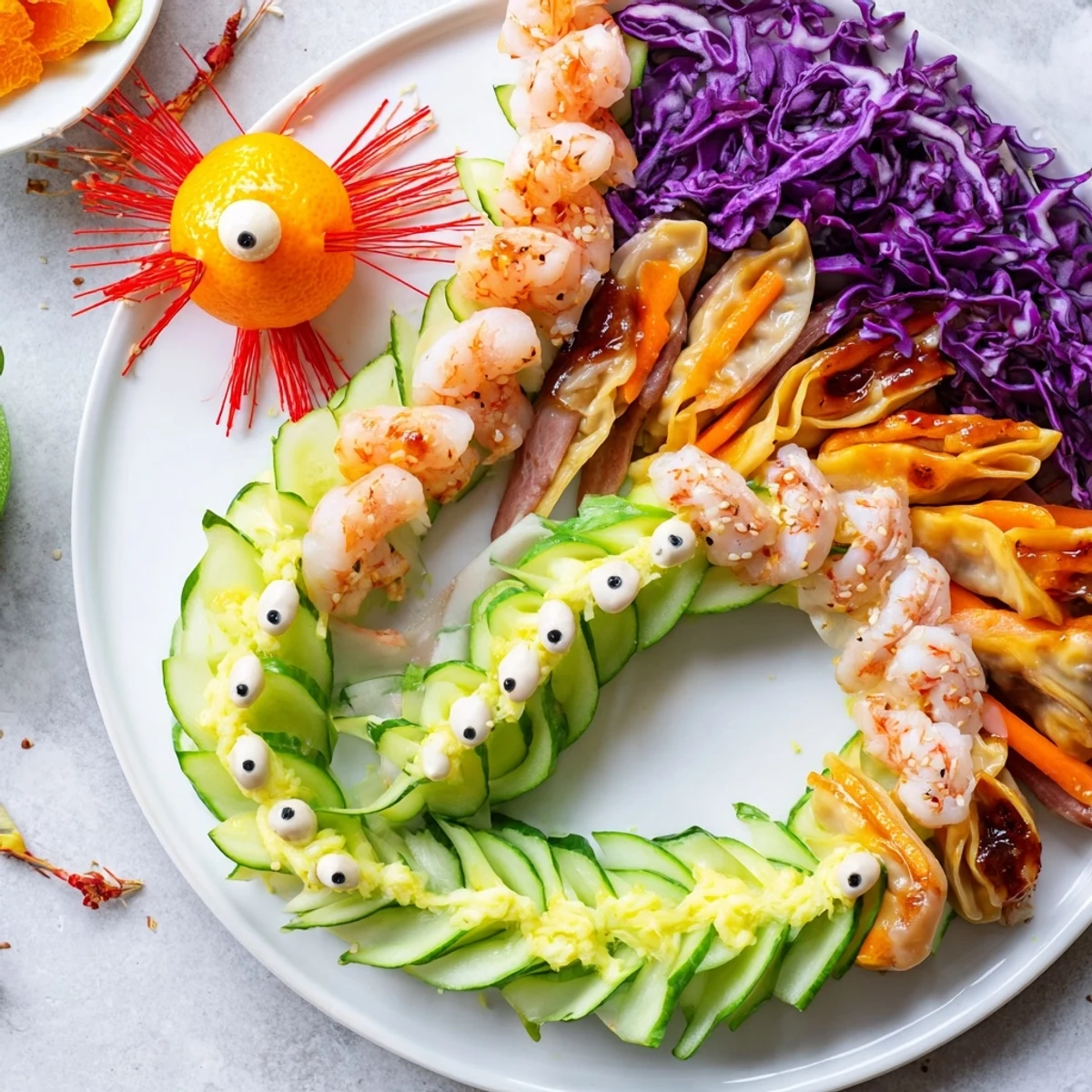 A colorful Mighty Dragon Lunar New Year Board with shrimp, vegetables, and dipping sauces displayed for a holiday feast.