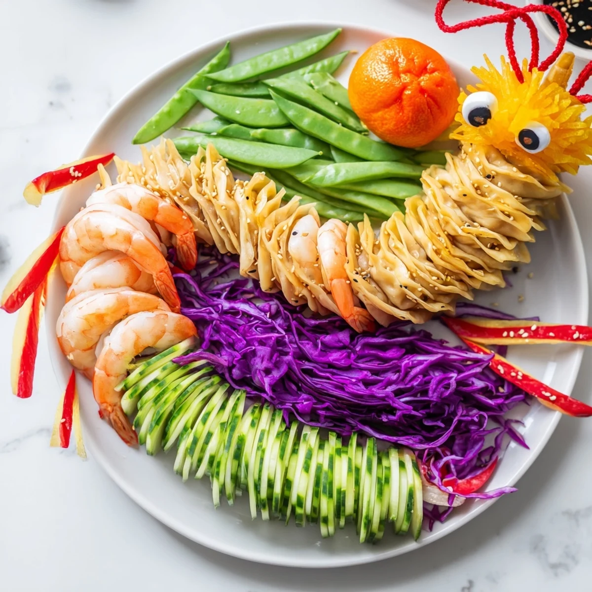 Vibrant Mighty Dragon Lunar New Year Board arrangement showcases Asian-inspired appetizers with a mandarin orange pearl.