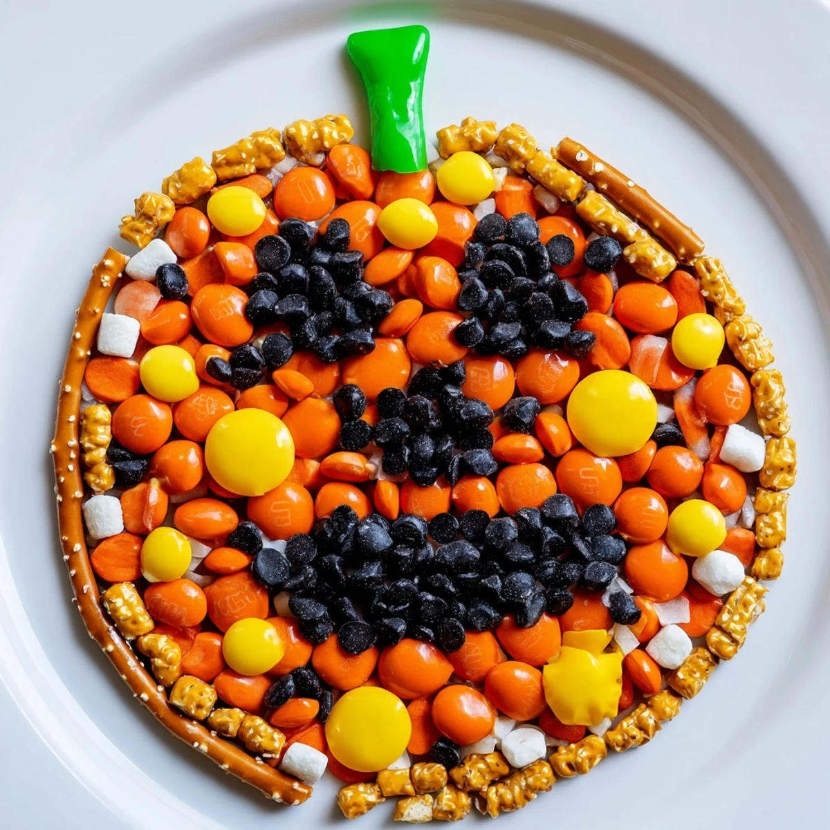 A cheerful Jack-o-Lantern Candy Board filled with orange, green, and black candies looks ready to eat.