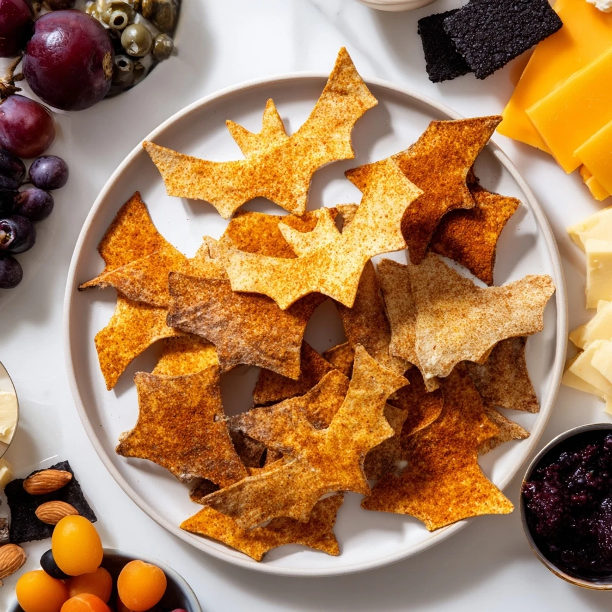 A Spooky Night Bat Halloween Board, brimming with bat-shaped tortilla chips and colorful treats.