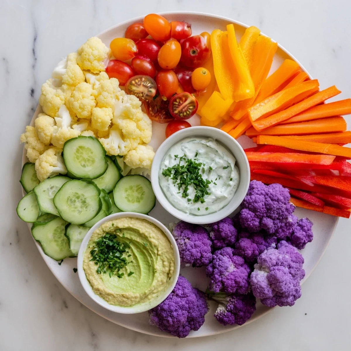 Close-up of the Rainbow Vegetable Dips, showcasing colorful veggies perfect for healthy snacking with tasty dips.