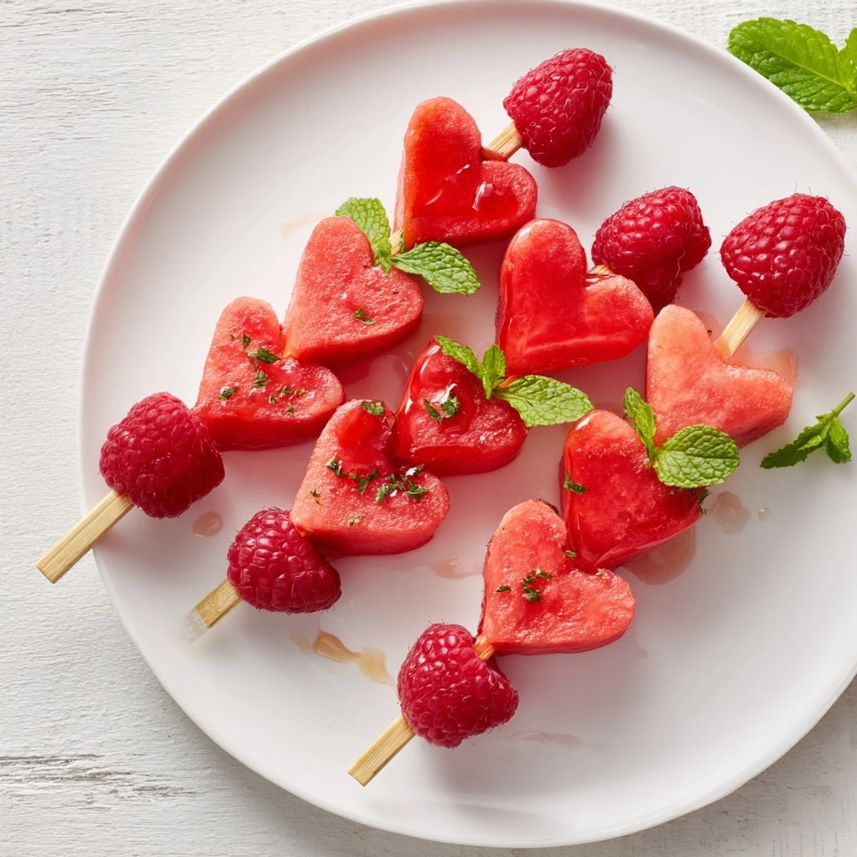 Sweet and colorful red heart fruit skewers, ready to enjoy with a drizzle of honey.
