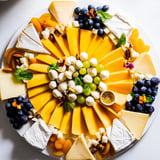 This Daffodil Cheese Board displays a stunning arrangement of creamy cheeses, colorful fruits, and nuts.