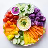 Colorful Rainbow Vegetable Dips array featuring crunchy veggies and three homemade, delicious dip flavors.