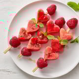 Sweet and colorful red heart fruit skewers, ready to enjoy with a drizzle of honey.