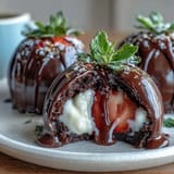 Dubai Chocolate Strawberry Bombs with Cream Filling, a luxurious dessert of fresh strawberries in rich dark chocolate shells, topped with silky cream and edible gold leaf.