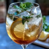Bright lemon mock limoncello spritz with sparkling water, ice, and fresh mint in chilled wine glasses.  