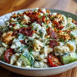 Hearty Chicken Bacon Ranch Pasta Salad, a creamy, cold dishperfect for picnics.