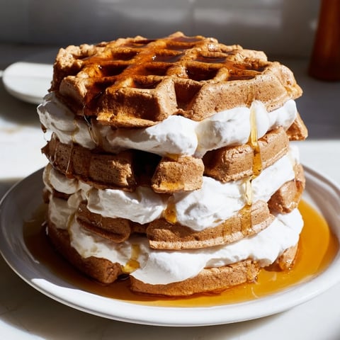 Express Gingerbread Waffle Stacks, golden brown and fluffy, stacked high with whipped cream and maple syrup.